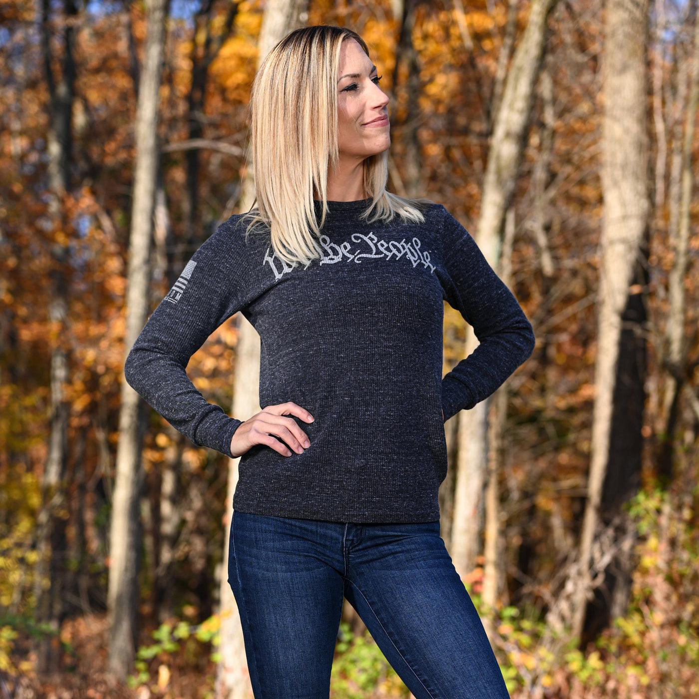 Women's “We the People” Long Sleeve Patriotic Thermal (Heather Charcoal) - Boyfriend Fit