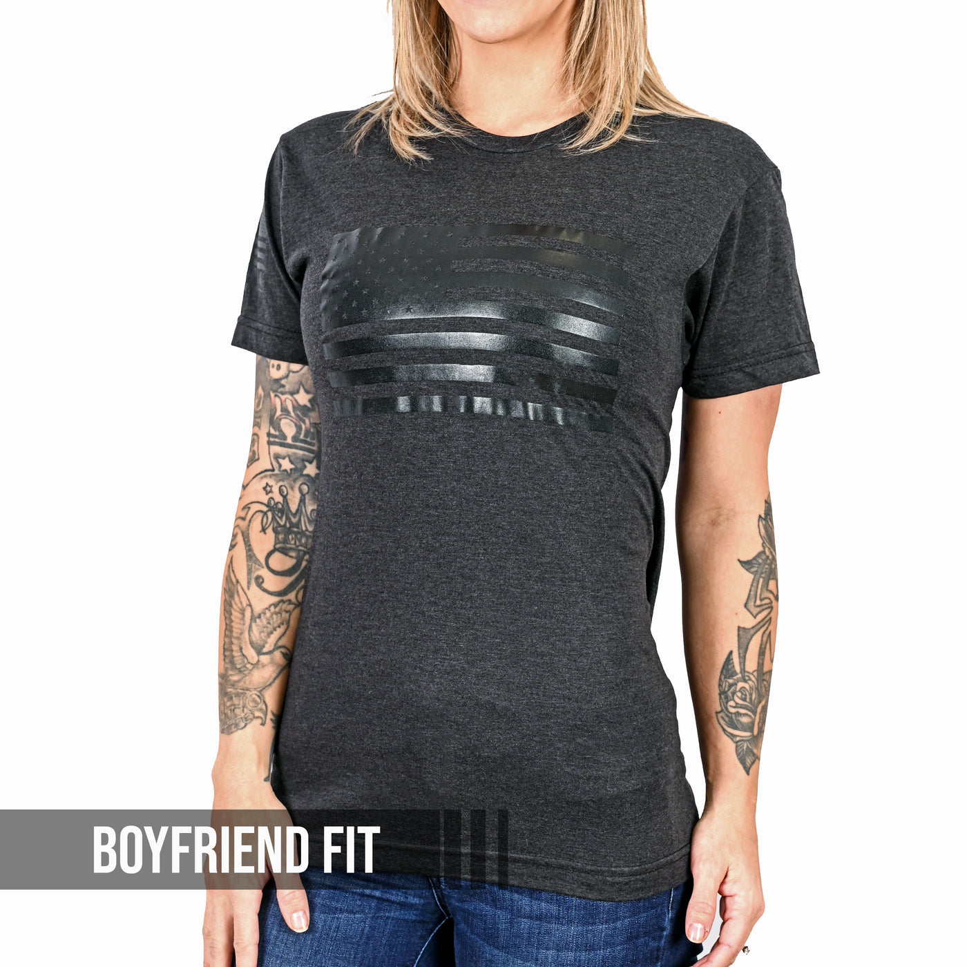 Women's Murdered Out American Flag Boyfriend Fit Patriotic T-Shirt - Heather Black