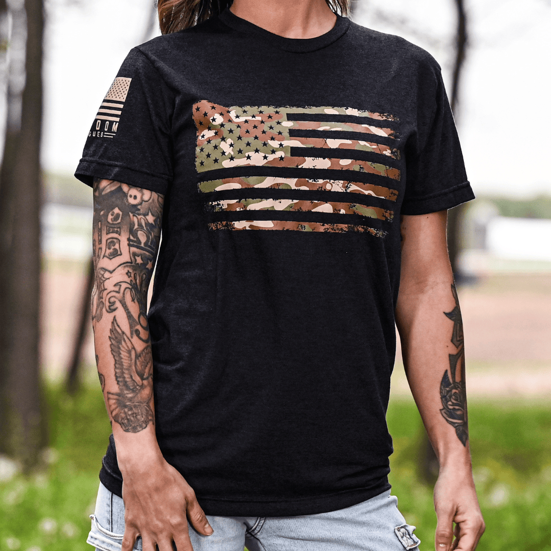 Women's Camo American Flag Boyfriend Fit Patriotic T-Shirt